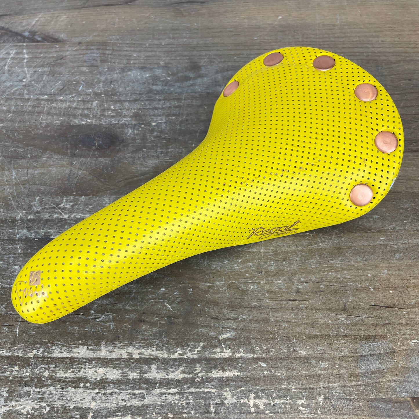 New Takeoff! 1987 San Marco Regal Girardi Yellow Perforated Saddle Cast Alloy Rails