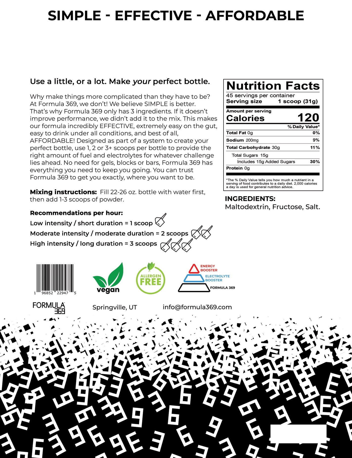 Formula 369 Endurance Fuel Drink Mix 3lb Bag 45 Scoops for Cycling/Endurance Sports