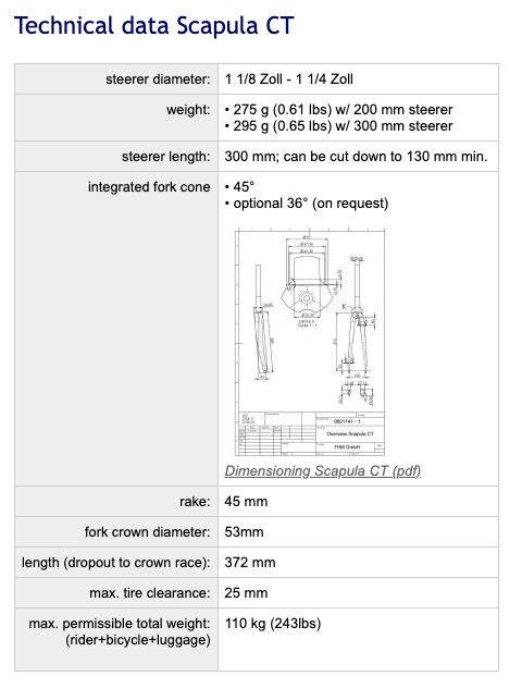 THM Scapula CT Carbon 45mm 210mm 1 1/8" Tapered Rim Brake 700c Fork 282g