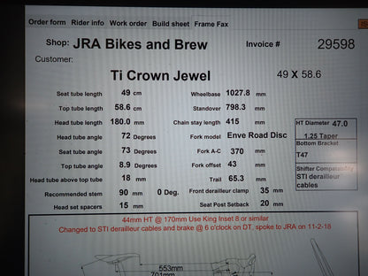 Low Mile! 2018 Independent Fabrication Crown Jewel 58cm Titanium Disc Frameset