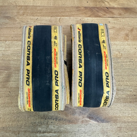 Low Mile! Vittoria Corsa Pro 700c x 28mm Tubeless Tan Wall Pair Bike Tires 605g
