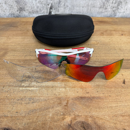 Oakley RadarLock White/Red Cycling Sunglasses w/ Blue/Red/Clear Lenses & Case
