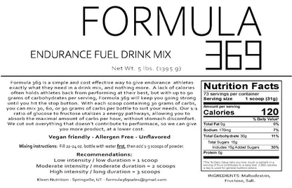 Formula 369 Endurance Fuel Drink Mix 5lb Bag 73 Scoops Cycling/Endurance Sports
